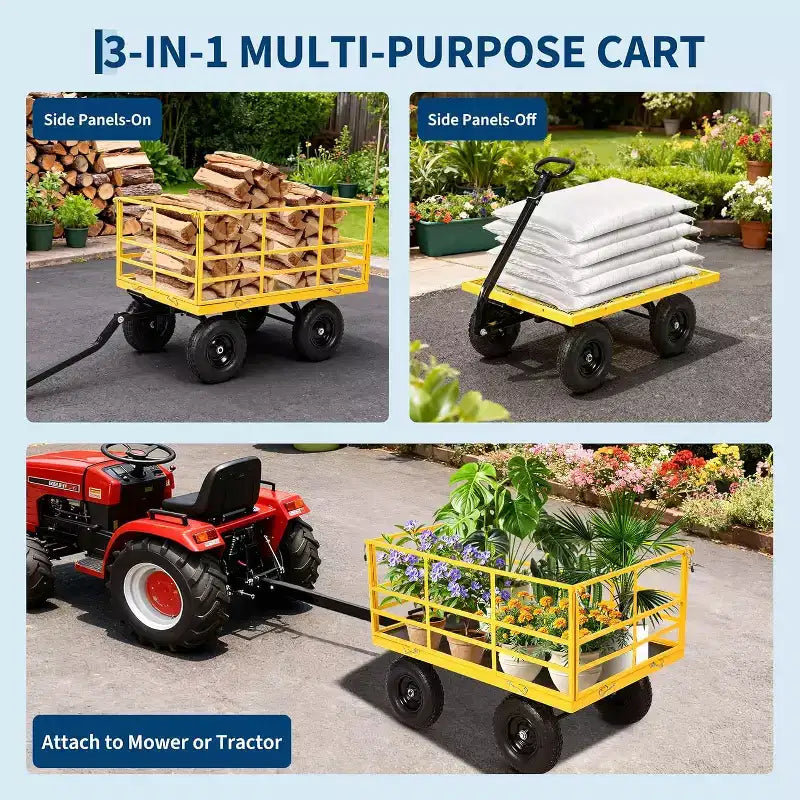 1500 Lbs Heavy Duty Steel Garden Cart, Garden Wagon Cart on Wheels, Outdoor Metal Yard Trailer Utility Wagon Carts with Mesh, Removable Sides