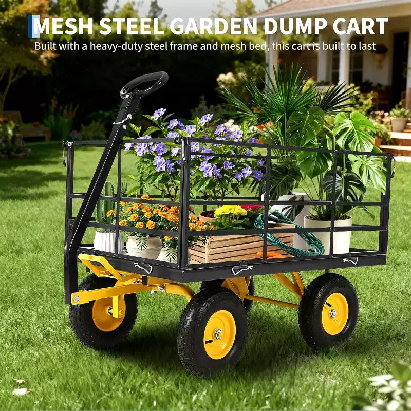 1500 Lbs Heavy Duty Steel Garden Cart, Garden Wagon Cart on Wheels, Outdoor Metal Yard Trailer Utility Wagon Carts with Mesh, Removable Sides