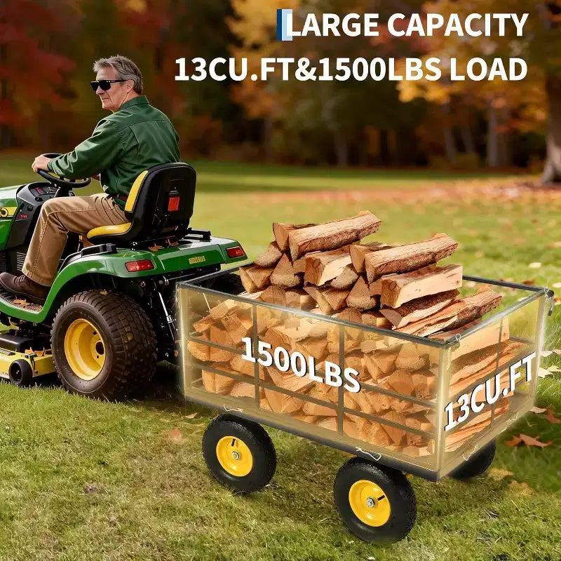 1500 Lbs Heavy Duty Steel Garden Cart, Garden Wagon Cart on Wheels, Outdoor Metal Yard Trailer Utility Wagon Carts with Mesh, Removable Sides