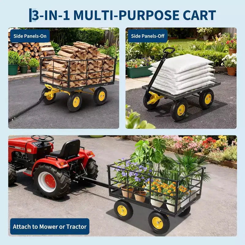 1500 Lbs Heavy Duty Steel Garden Cart, Garden Wagon Cart on Wheels, Outdoor Metal Yard Trailer Utility Wagon Carts with Mesh, Removable Sides