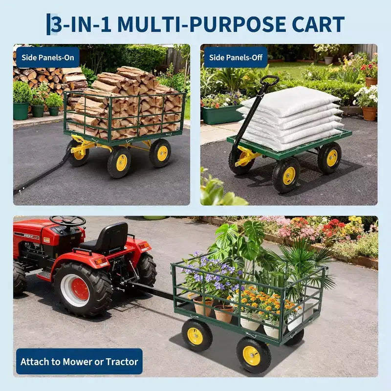 1500 Lbs Heavy Duty Steel Garden Cart, Garden Wagon Cart on Wheels, Outdoor Metal Yard Trailer Utility Wagon Carts with Mesh, Removable Sides