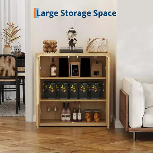 34.6 Buffet-Schrank mit geriffelten Türen, 3-stufiges Sideboard mit verstellbaren Einlegeböden für Esszimmer, Küche und Wohnzimmer, Oberfläche in natürlicher Eiche