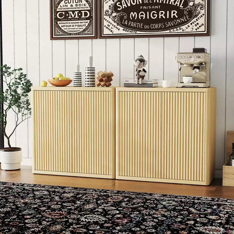 34.6 Buffet Cabinet with Fluted Doors, 3-Tier Sideboard with Adjustable Shelves for Dining Room, Kitchen, Living Room  Natural Oak Finish