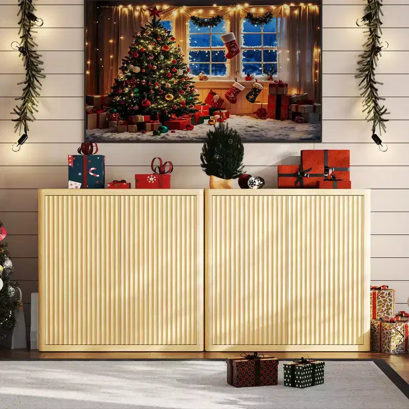 34.6 Buffet Cabinet with Fluted Doors, 3-Tier Sideboard with Adjustable Shelves for Dining Room, Kitchen, Living Room  Natural Oak Finish