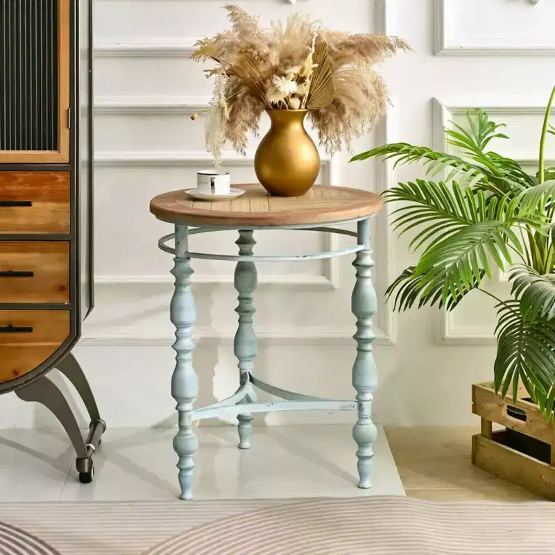 GDFStudio Ashton 31.5 Wooden Carved Rustic Round Coffee Table with Metal Leg