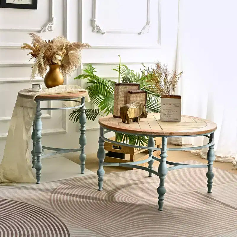 31.5" Wooden Carved Rustic Round Coffee Table with Metal Legs, Farmhouse Living Room