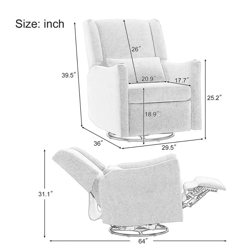 29.5" Wingback Swivel Rocker Recliner Chair, 360° Swivel, Teddy Fleece, 250 lbs