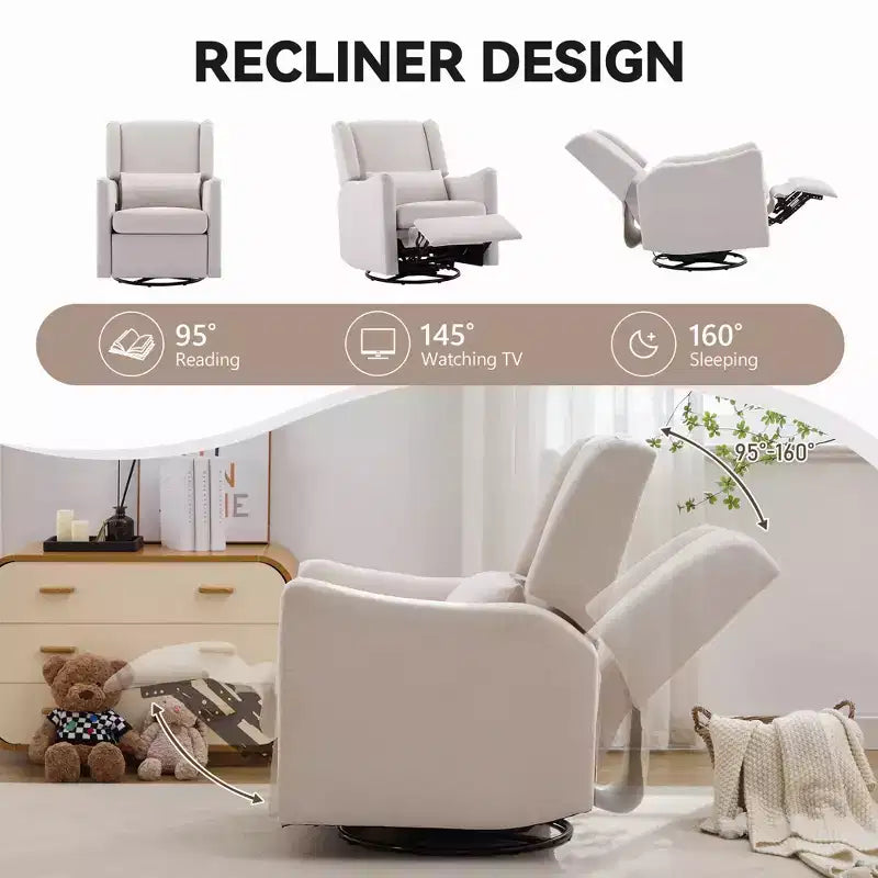 29.5" Wingback Swivel Rocker Recliner Chair, 360° Swivel, Teddy Fleece, 250 lbs
