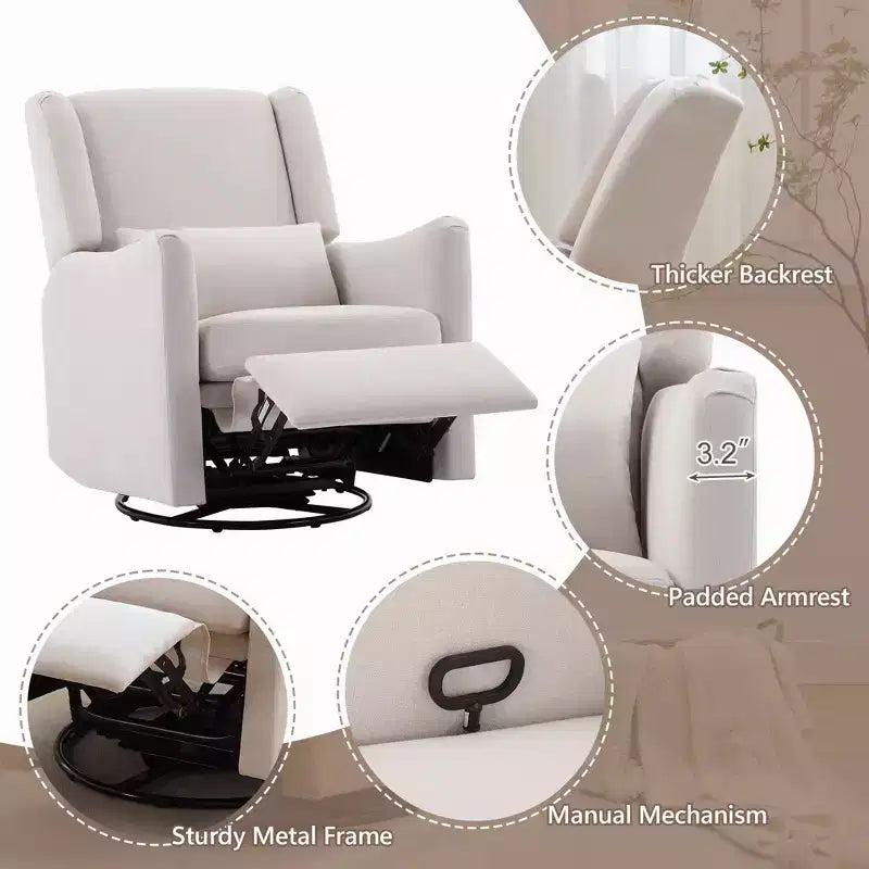 29.5" Wingback Swivel Rocker Recliner Chair, 360° Swivel, Teddy Fleece, 250 lbs