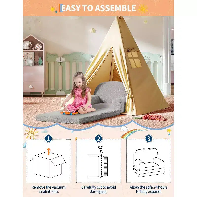 Kids Sofa Chair, 2-in-1 Convertible Toddler Couch Lounger, Comfy Fold Out Teddy Fleece Fabric Children's Sofa Bed for Playroom, Bedroom, Nursery