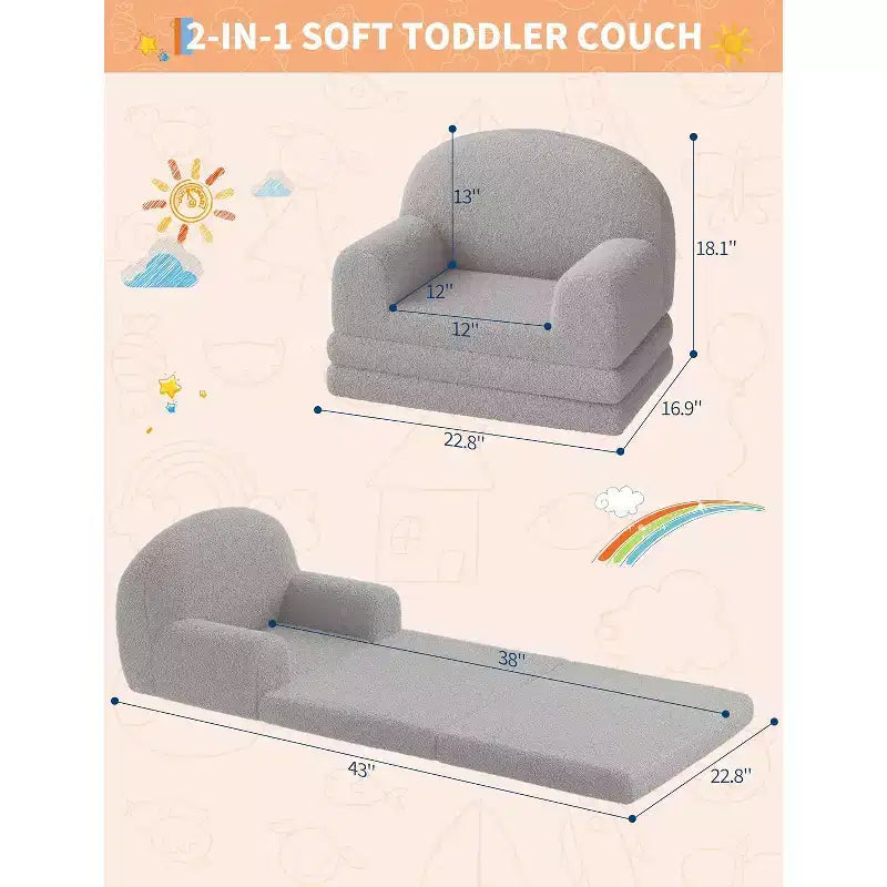 Kids Sofa Chair, 2-in-1 Convertible Toddler Couch Lounger, Comfy Fold Out Teddy Fleece Fabric Children's Sofa Bed for Playroom, Bedroom, Nursery