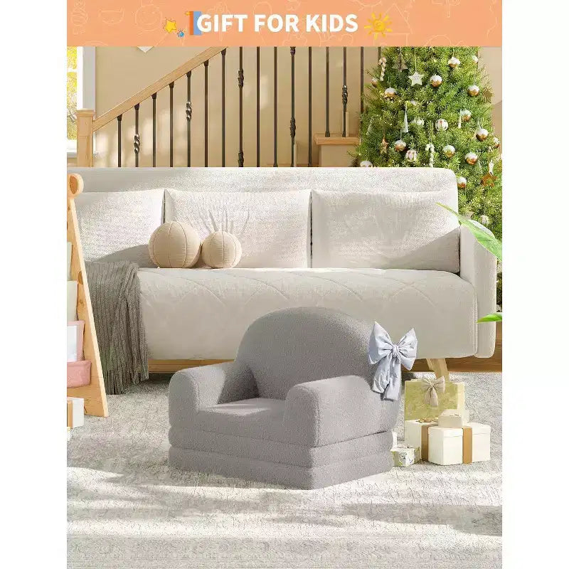 Kids Sofa Chair, 2-in-1 Convertible Toddler Couch Lounger, Comfy Fold Out Teddy Fleece Fabric Children's Sofa Bed for Playroom, Bedroom, Nursery