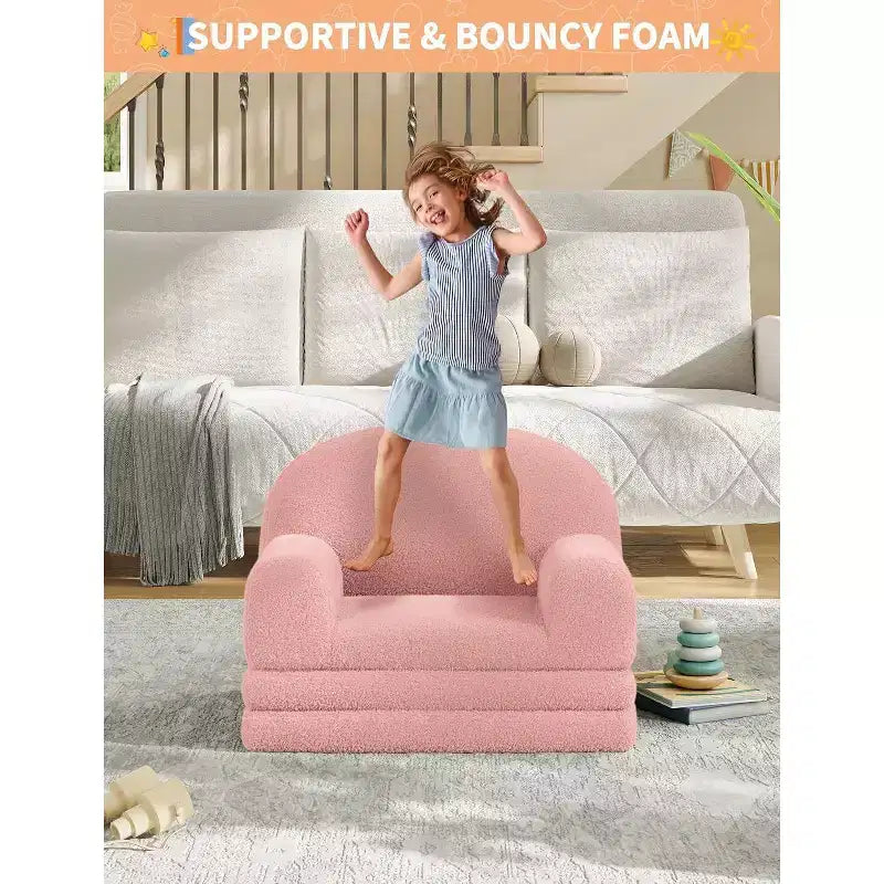 Kids Sofa Chair, 2-in-1 Convertible Toddler Couch Lounger, Comfy Fold Out Teddy Fleece Fabric Children's Sofa Bed for Playroom, Bedroom, Nursery