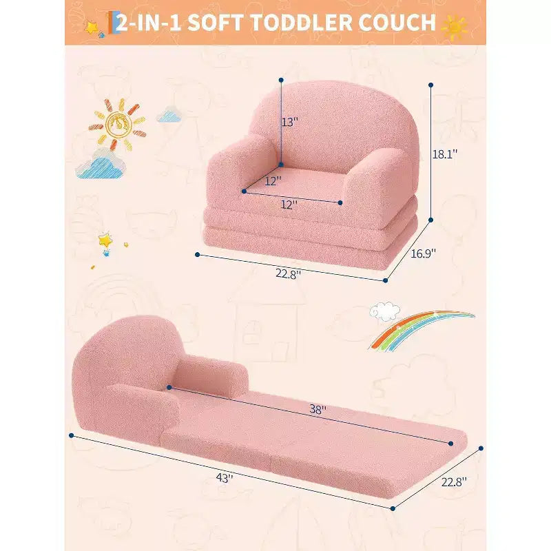 Kids Sofa Chair, 2-in-1 Convertible Toddler Couch Lounger, Comfy Fold Out Teddy Fleece Fabric Children's Sofa Bed for Playroom, Bedroom, Nursery