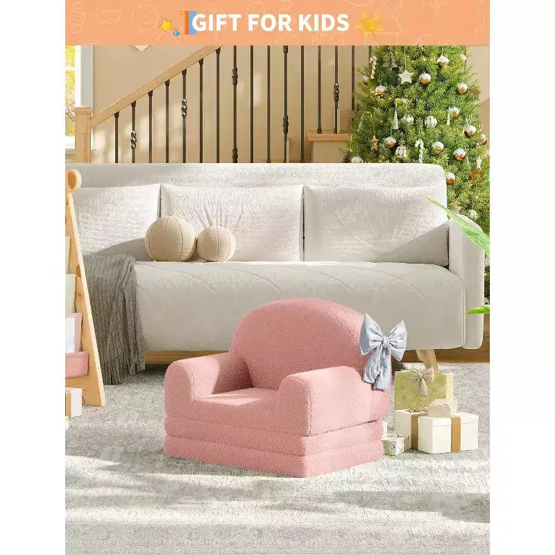 Kids Sofa Chair, 2-in-1 Convertible Toddler Couch Lounger, Comfy Fold Out Teddy Fleece Fabric Children's Sofa Bed for Playroom, Bedroom, Nursery