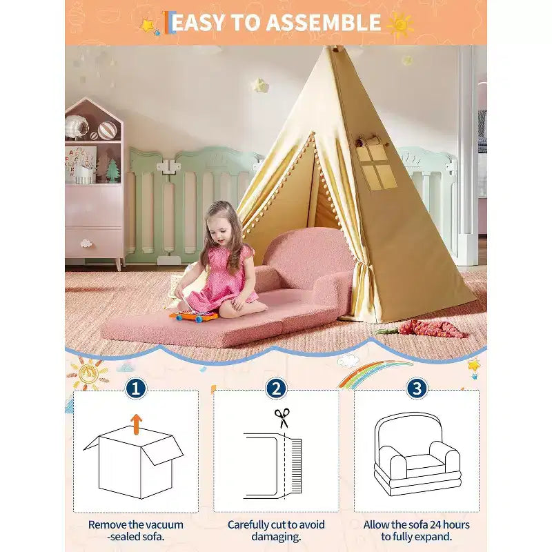 Kids Sofa Chair, 2-in-1 Convertible Toddler Couch Lounger, Comfy Fold Out Teddy Fleece Fabric Children's Sofa Bed for Playroom, Bedroom, Nursery