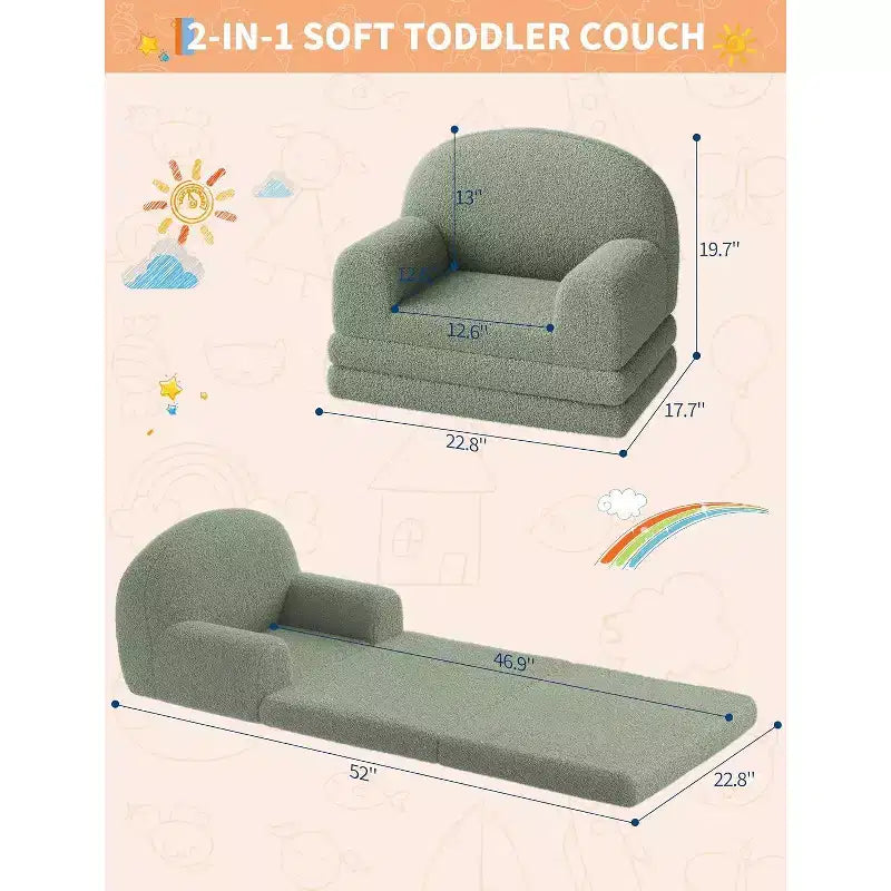 Kids Sofa Chair, 2-in-1 Convertible Toddler Couch Lounger, Comfy Fold Out Teddy Fleece Fabric Children's Sofa Bed for Playroom, Bedroom, Nursery