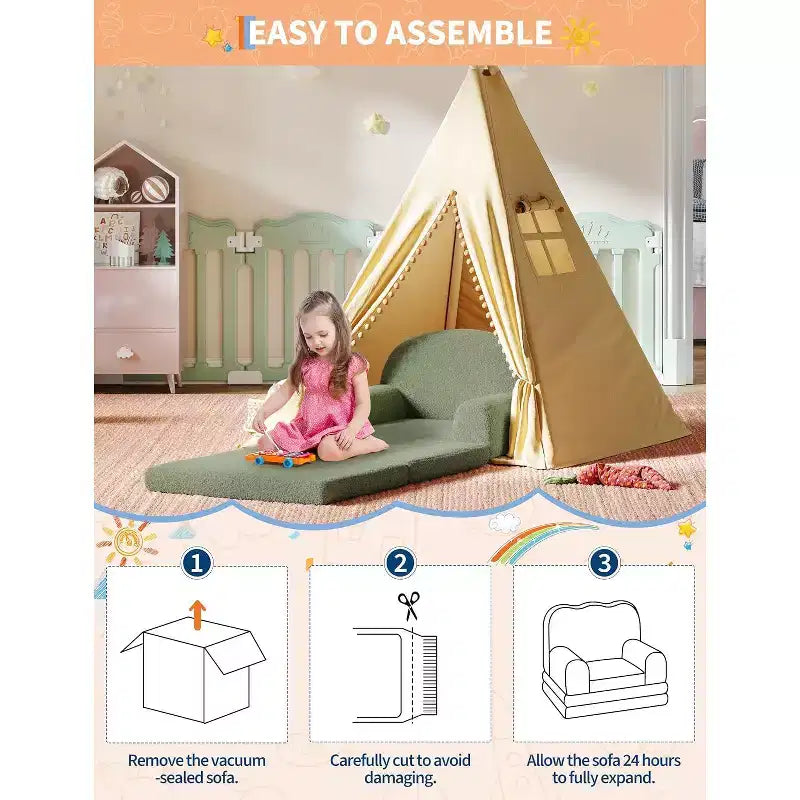 Kids Sofa Chair, 2-in-1 Convertible Toddler Couch Lounger, Comfy Fold Out Teddy Fleece Fabric Children's Sofa Bed for Playroom, Bedroom, Nursery