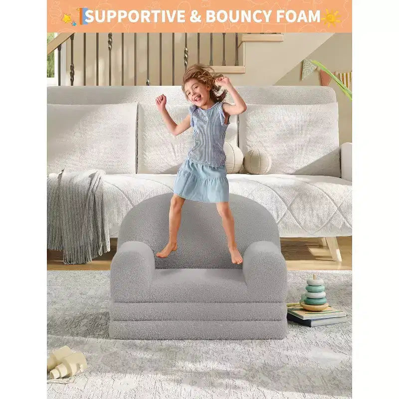 Kids Sofa Chair, 2-in-1 Convertible Toddler Couch Lounger, Comfy Fold Out Teddy Fleece Fabric Children's Sofa Bed for Playroom, Bedroom, Nursery
