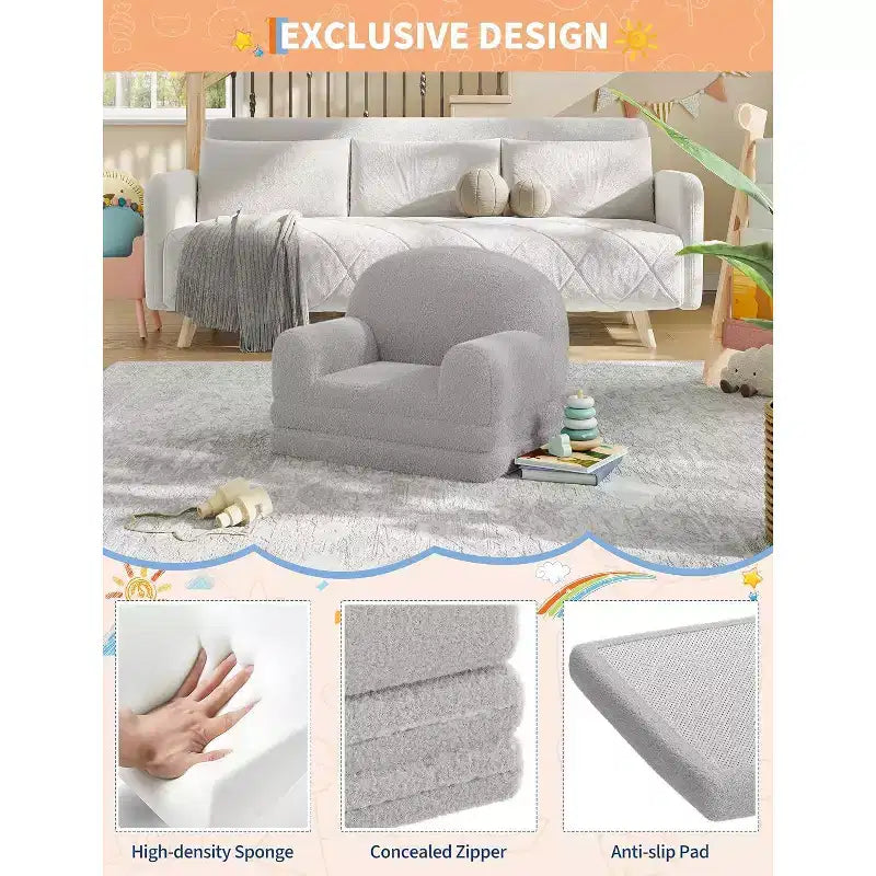Kids Sofa Chair, 2-in-1 Convertible Toddler Couch Lounger, Comfy Fold Out Teddy Fleece Fabric Children's Sofa Bed for Playroom, Bedroom, Nursery