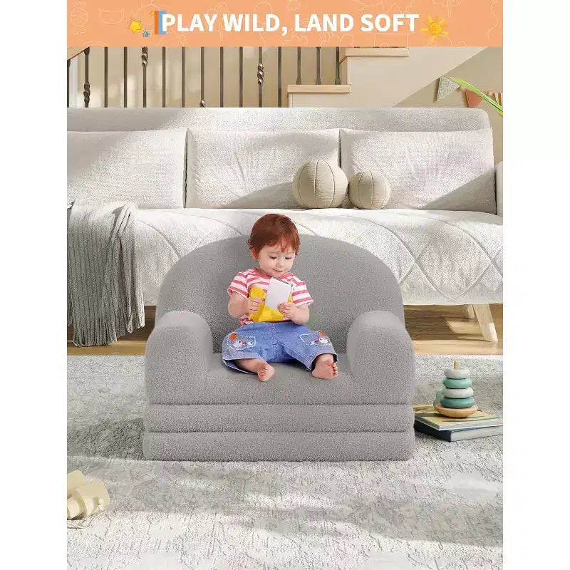 Kids Sofa Chair, 2-in-1 Convertible Toddler Couch Lounger, Comfy Fold Out Teddy Fleece Fabric Children's Sofa Bed for Playroom, Bedroom, Nursery