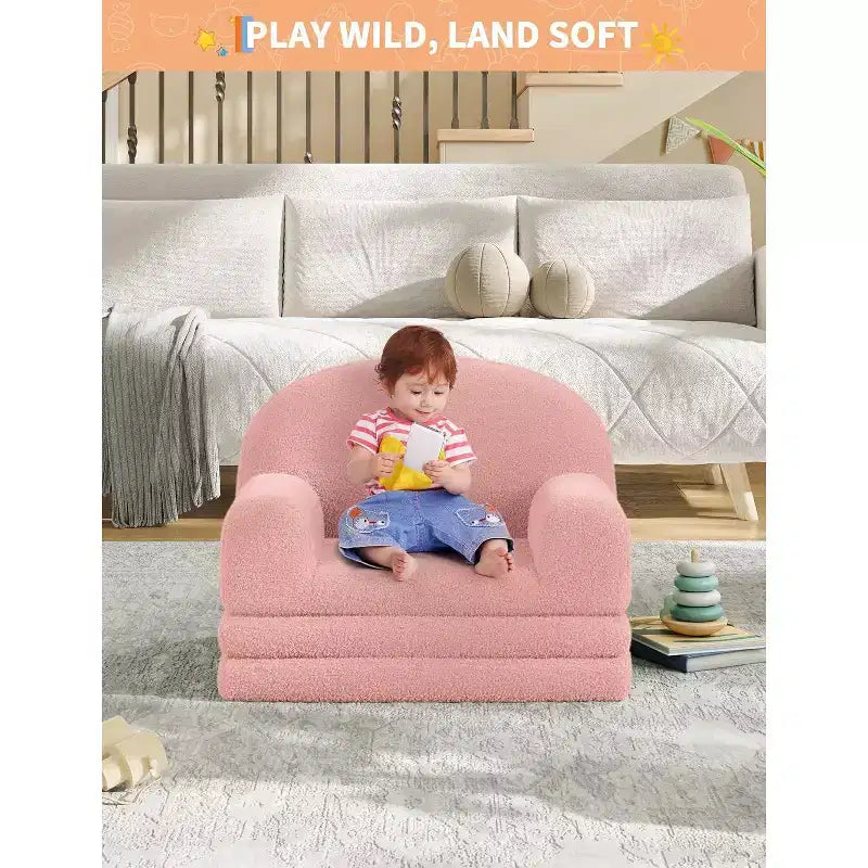 Kids Sofa Chair, 2-in-1 Convertible Toddler Couch Lounger, Comfy Fold Out Teddy Fleece Fabric Children's Sofa Bed for Playroom, Bedroom, Nursery