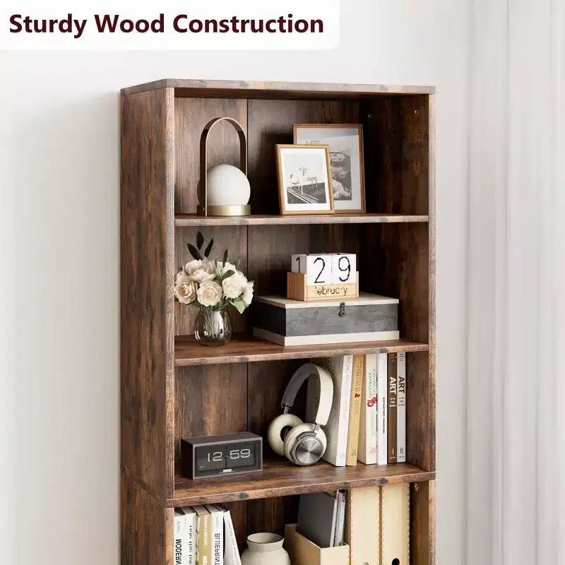 71.4 Industrial Bookcase with Doors  6-Shelf Farmhouse Bookshelf, 11.8 Deep Storage for Living Room, Bedroom & Home Office (Gray)