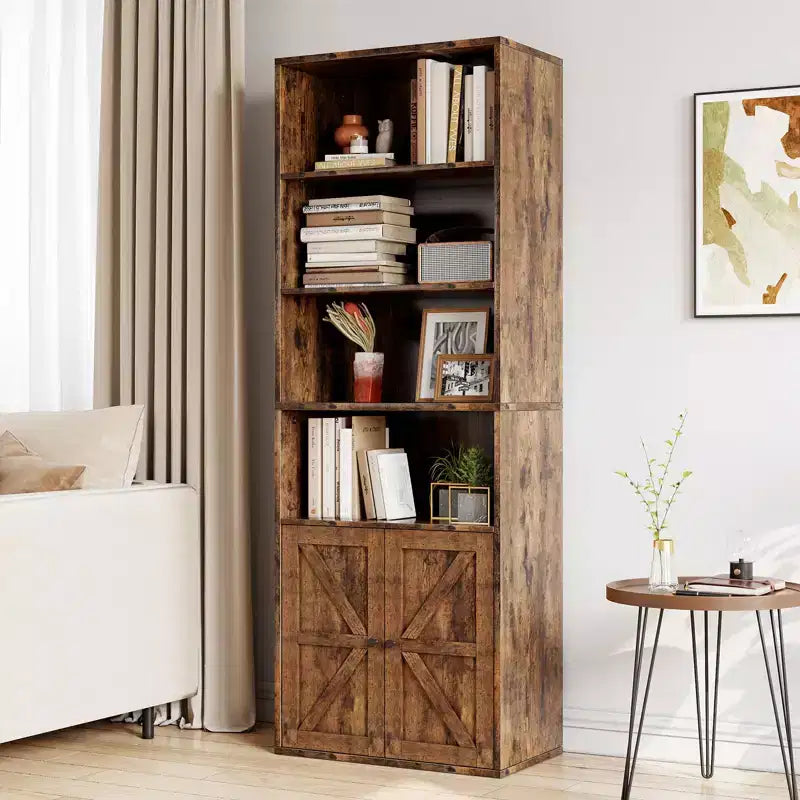 71.4 Industrial Bookcase with Doors  6-Shelf Farmhouse Bookshelf, 11.8 Deep Storage for Living Room, Bedroom & Home Office (Gray)