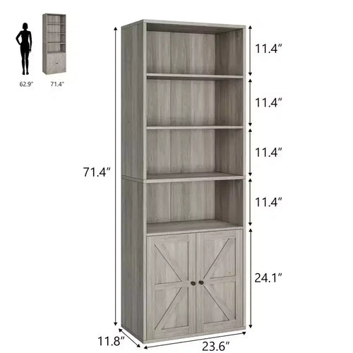 Libreria industriale da 71.4 con ante, libreria in stile farmhouse a 6 ripiani, spazio contenitore profondo 11.8 per soggiorno, camera da letto e ufficio domestico (grigio)