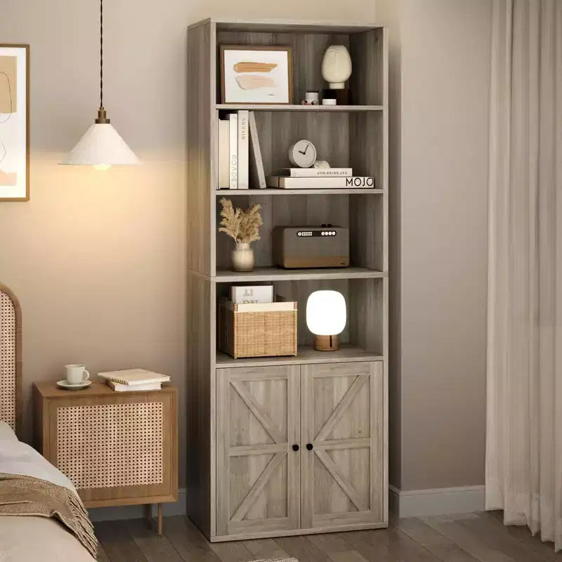 71.4 Industrial Bookcase with Doors  6-Shelf Farmhouse Bookshelf, 11.8 Deep Storage for Living Room, Bedroom & Home Office (Gray)