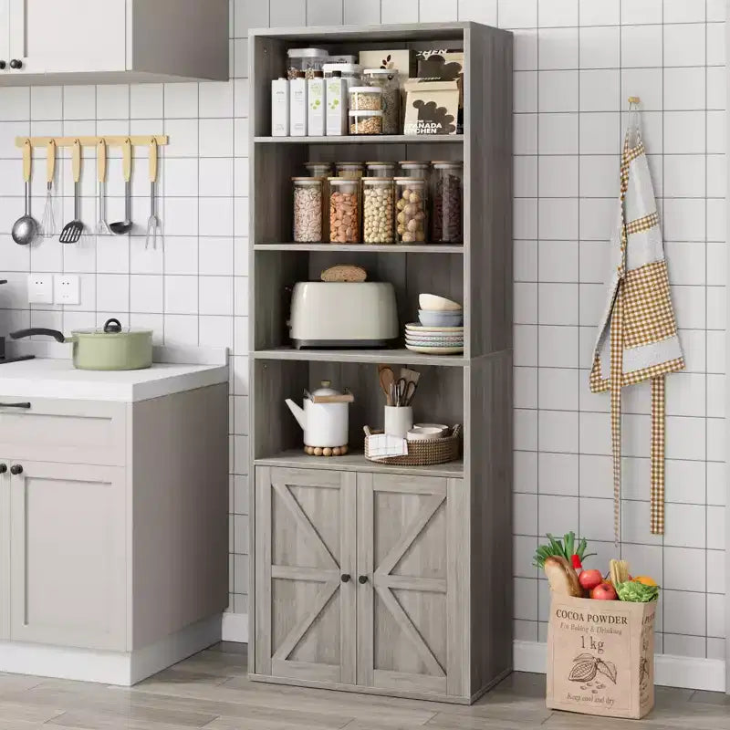 71.4 Industrial Bookcase with Doors  6-Shelf Farmhouse Bookshelf, 11.8 Deep Storage for Living Room, Bedroom & Home Office (Gray)