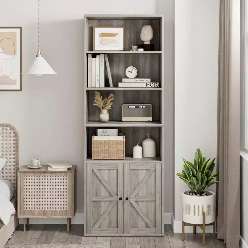 71.4 Industrial Bookcase with Doors  6-Shelf Farmhouse Bookshelf, 11.8 Deep Storage for Living Room, Bedroom & Home Office (Gray)