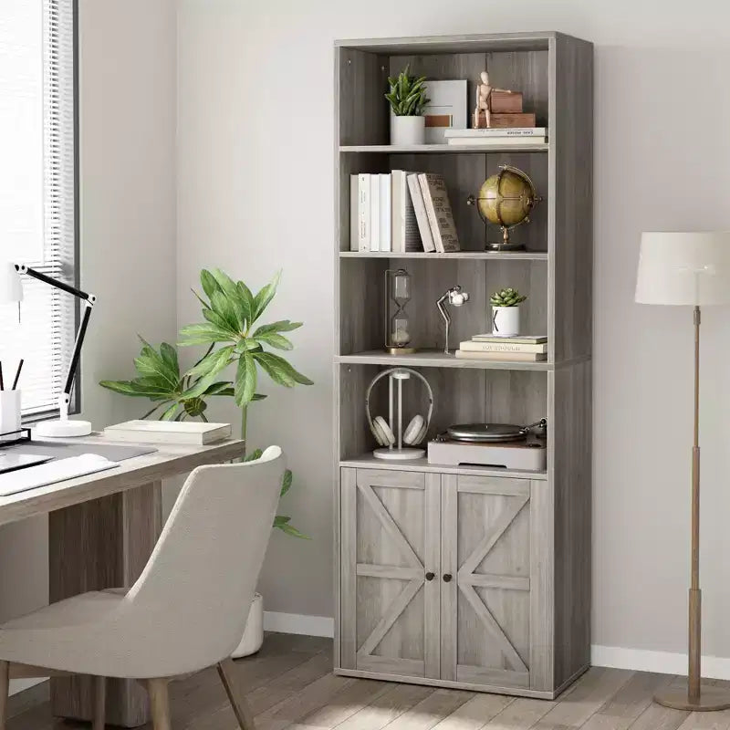 71.4 Industrial Bookcase with Doors  6-Shelf Farmhouse Bookshelf, 11.8 Deep Storage for Living Room, Bedroom & Home Office (Gray)