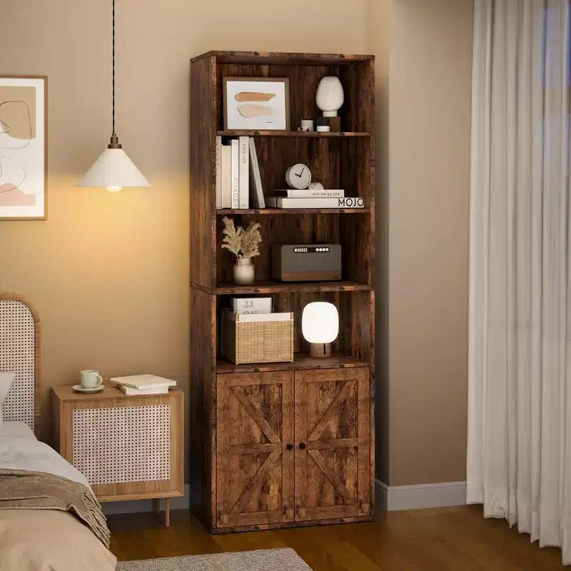 71.4 Industrial Bookcase with Doors  6-Shelf Farmhouse Bookshelf, 11.8 Deep Storage for Living Room, Bedroom & Home Office (Gray)