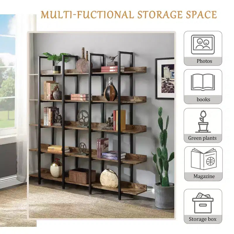Betty Industrial 5-Tier Wood Bookcase with Open Shelves and Metal Frame