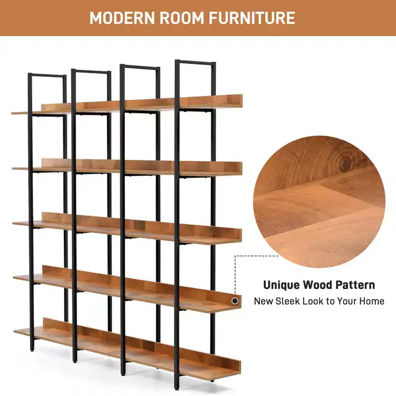 Betty Industrial 5-Tier Wood Bookcase with Open Shelves and Metal Frame
