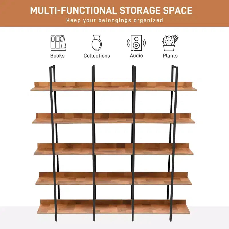 Betty Industrial 5-Tier Wood Bookcase with Open Shelves and Metal Frame