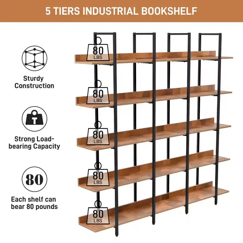 Betty Industrial 5-Tier Wood Bookcase with Open Shelves and Metal Frame