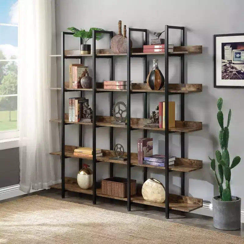 Betty Industrial 5-Tier Wood Bookcase with Open Shelves and Metal Frame