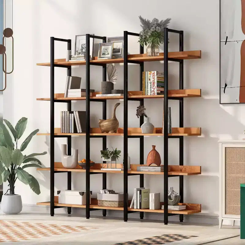 GDFStudio Betty Industrial 5-Tier Wood Bookcase with Open Shelves and Metal Frame