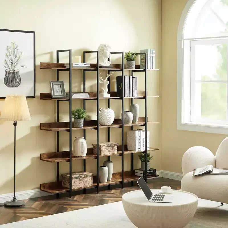 Betty Industrial 5-Tier Wood Bookcase with Open Shelves and Metal Frame