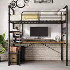 Loft Bed with L-Shaped Desk, Twin Metal Bunk Bed with Storage Shelves & High Guardrail, Space-Saver for Kids, Teens, or Small Rooms