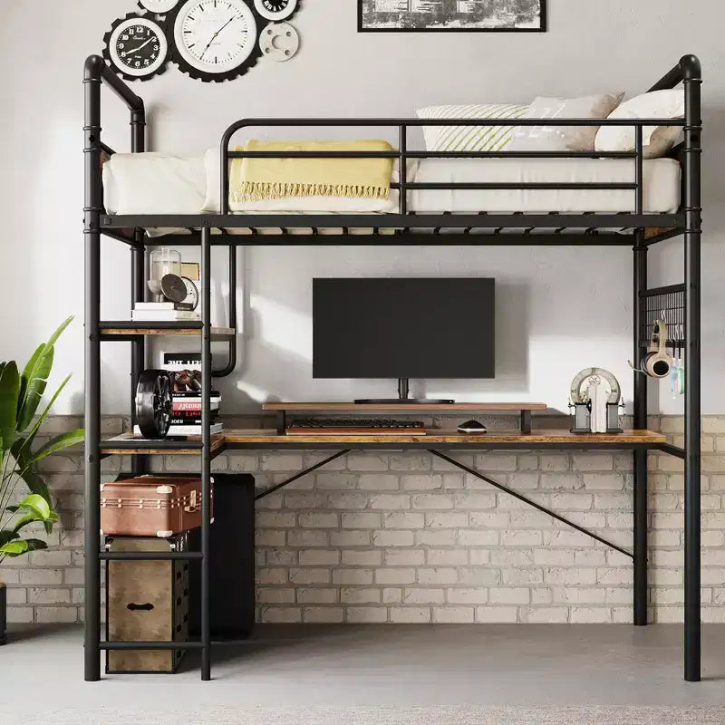 Loft Bed with L-Shaped Desk, Twin Metal Bunk Bed with Storage Shelves & High Guardrail, Space-Saver for Kids, Teens, or Small Rooms