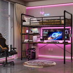 Loft Bed with L-Shaped Desk, Twin Metal Bunk Bed with Storage Shelves & High Guardrail, Space-Saver for Kids, Teens, or Small Rooms