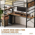 Loft Bed with L-Shaped Desk, Twin Metal Bunk Bed with Storage Shelves & High Guardrail, Space-Saver for Kids, Teens, or Small Rooms