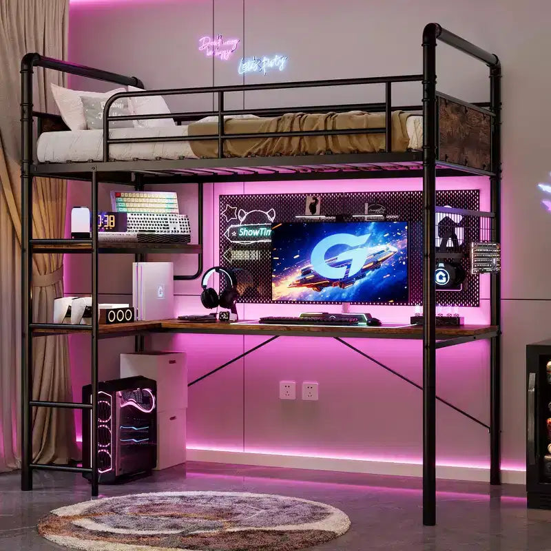 Loft Bed with L-Shaped Desk, Twin Metal Bunk Bed with Storage Shelves & High Guardrail, Space-Saver for Kids, Teens, or Small Rooms