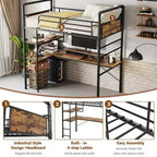 Loft Bed with L-Shaped Desk, Twin Metal Bunk Bed with Storage Shelves & High Guardrail, Space-Saver for Kids, Teens, or Small Rooms