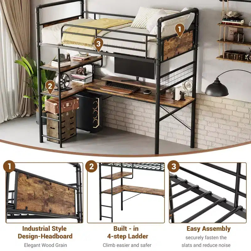 Loft Bed with L-Shaped Desk, Twin Metal Bunk Bed with Storage Shelves & High Guardrail, Space-Saver for Kids, Teens, or Small Rooms