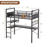 Loft Bed with L-Shaped Desk, Twin Metal Bunk Bed with Storage Shelves & High Guardrail, Space-Saver for Kids, Teens, or Small Rooms