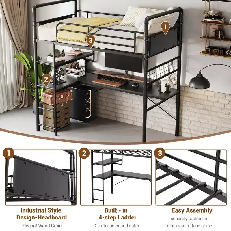 Loft Bed with L-Shaped Desk, Twin Metal Bunk Bed with Storage Shelves & High Guardrail, Space-Saver for Kids, Teens, or Small Rooms